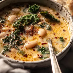 Creamy Tuscan White Bean Soup in a cozy modern kitchen