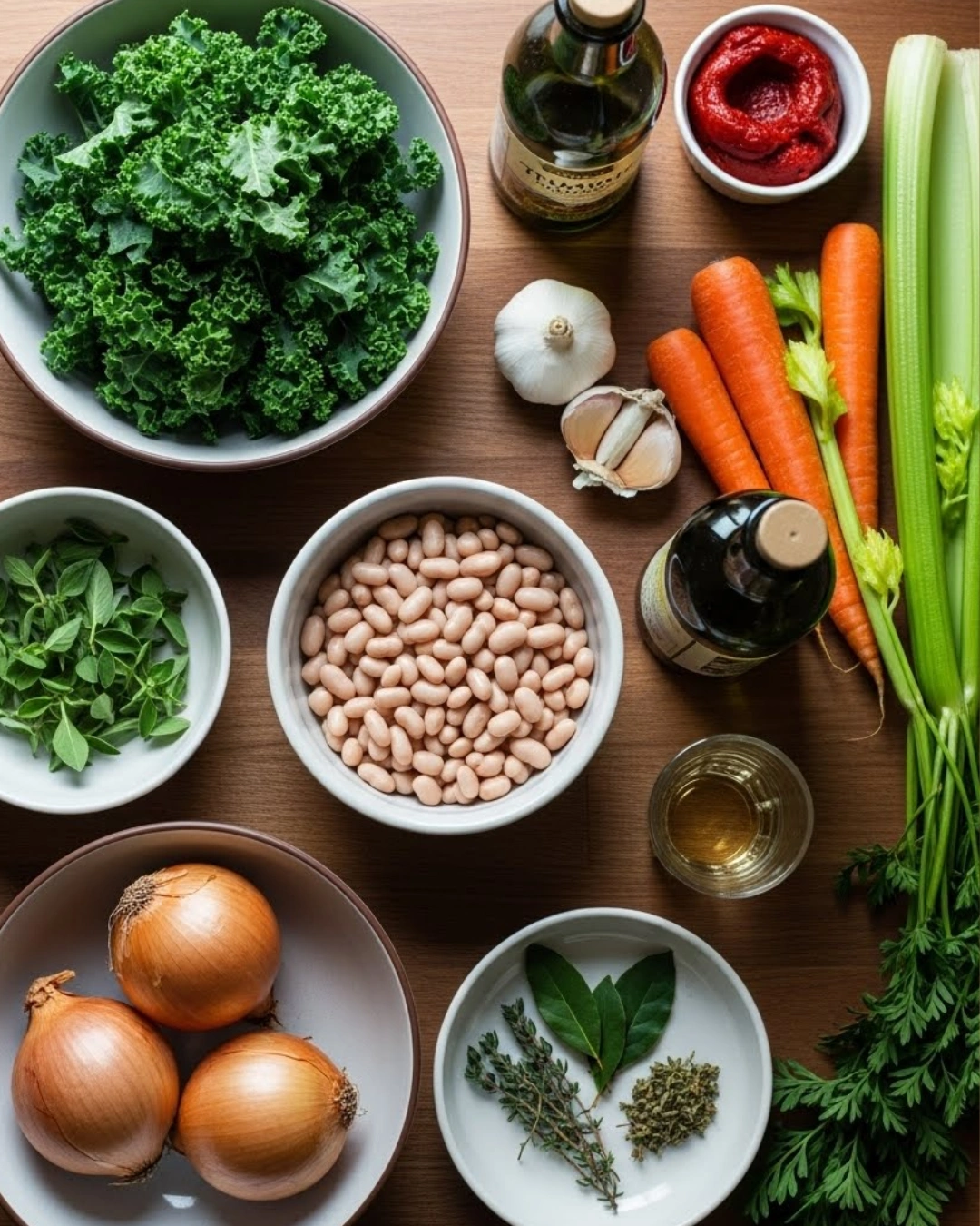 Ingredients for Tuscan White Bean Soup in cozy style