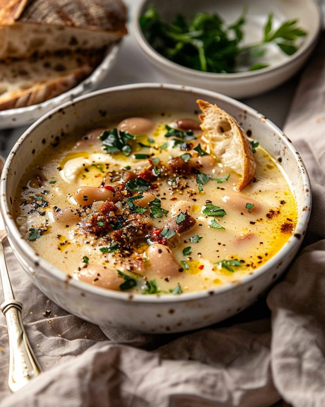 Creamy Tuscan White Bean Soup served with bread in cozy modern style