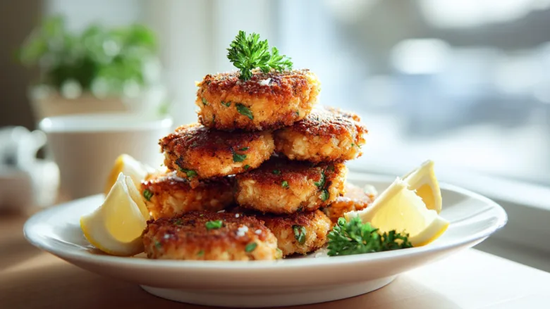 Crispy golden salmon cakes with lemon and herbs