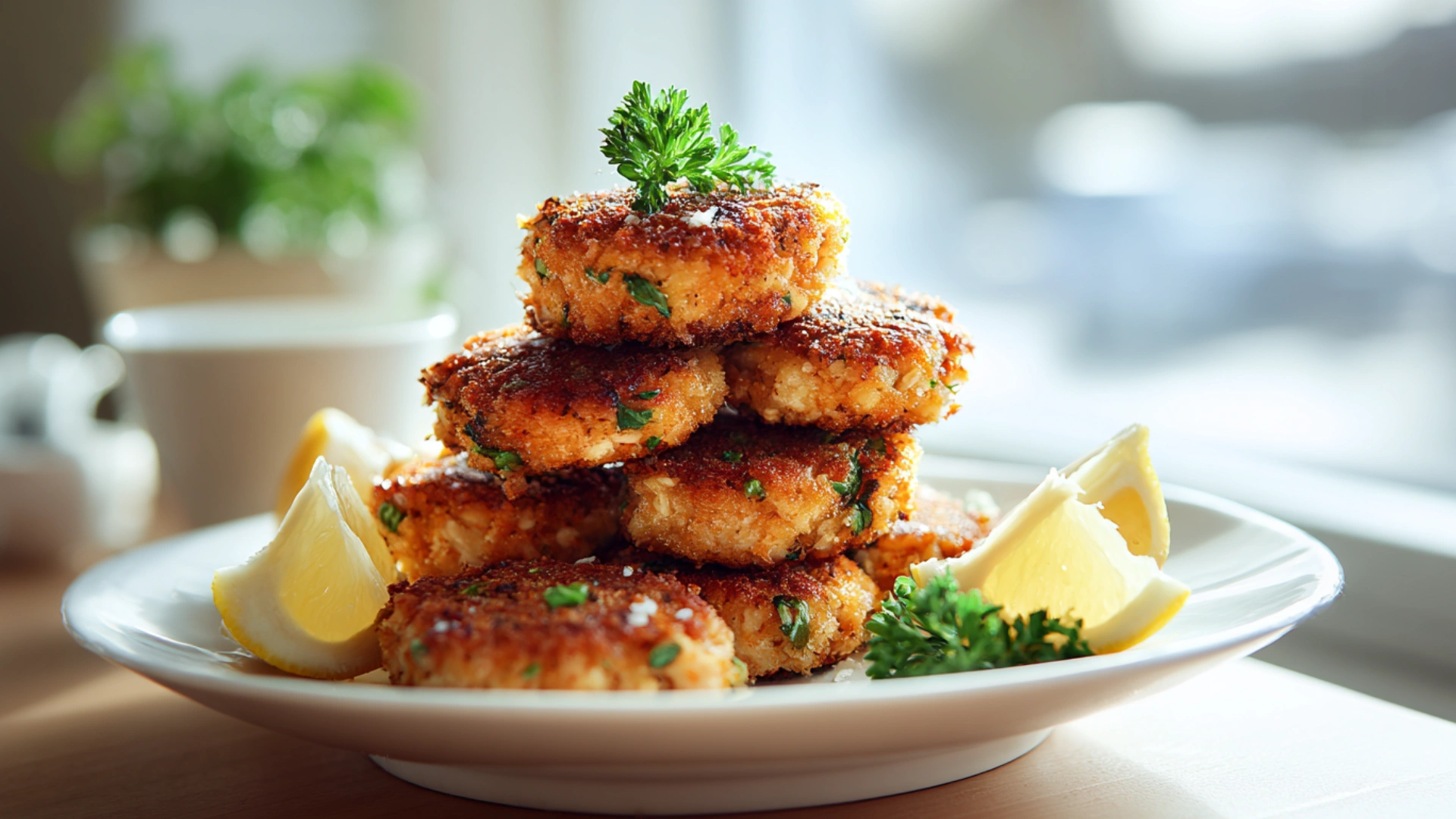 Crispy golden salmon cakes with lemon and herbs