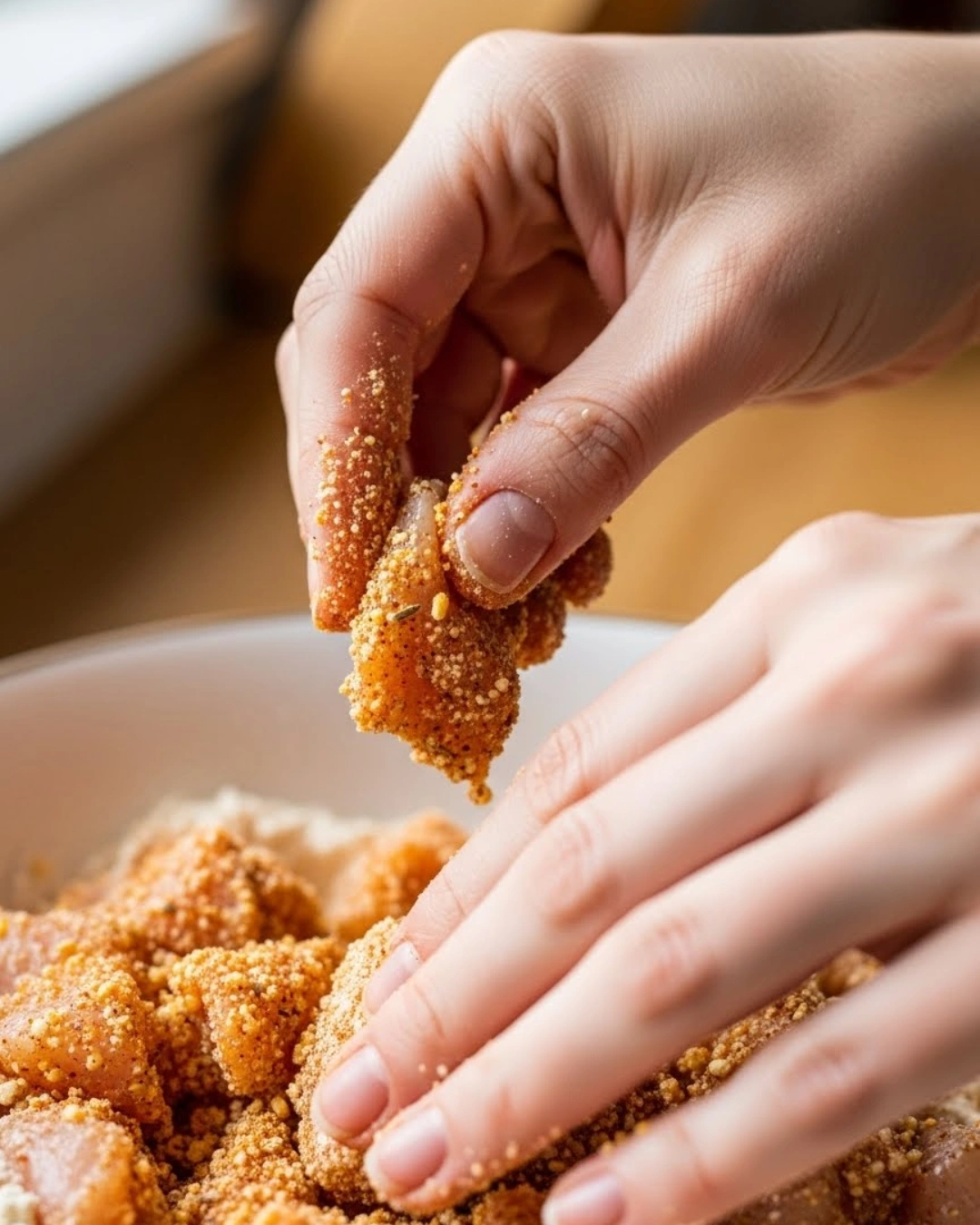 coating chicken pieces in seasoned cornflour for frying