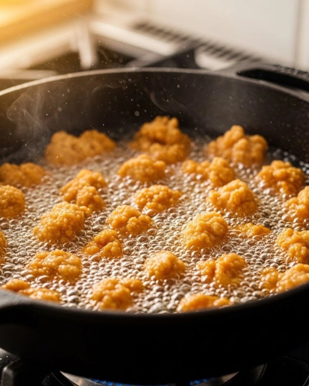 frying crispy popcorn chicken in hot oil until golden