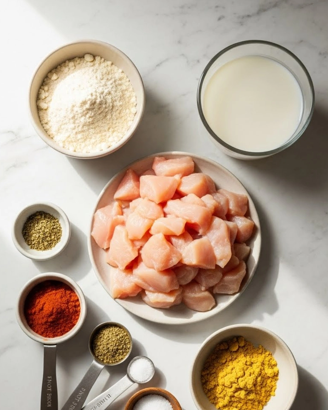 flat lay of ingredients for crispy popcorn chicken recipe