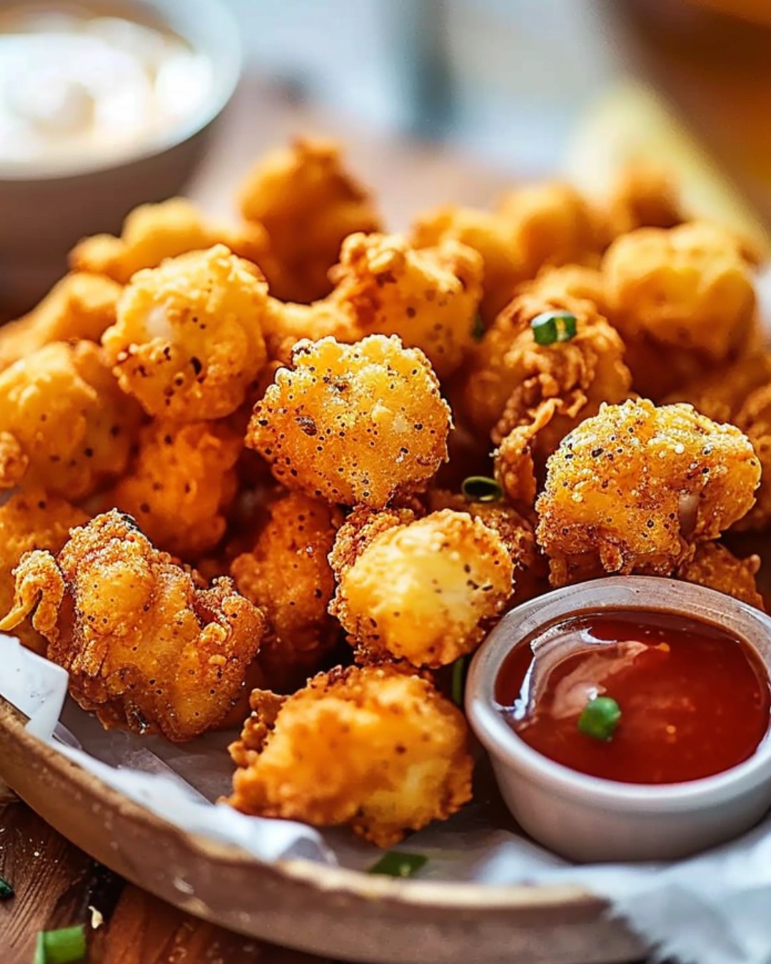 bowl of crispy popcorn chicken with dips and lemon wedges