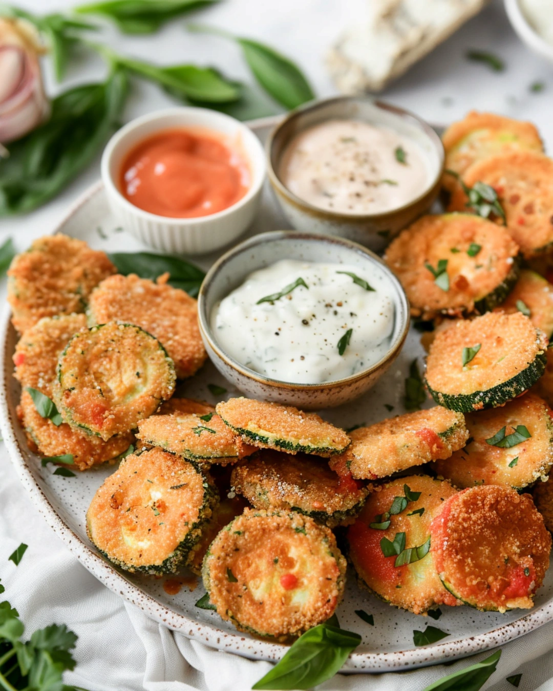 Plated Extra Crispy Fried Zucchini with dip options