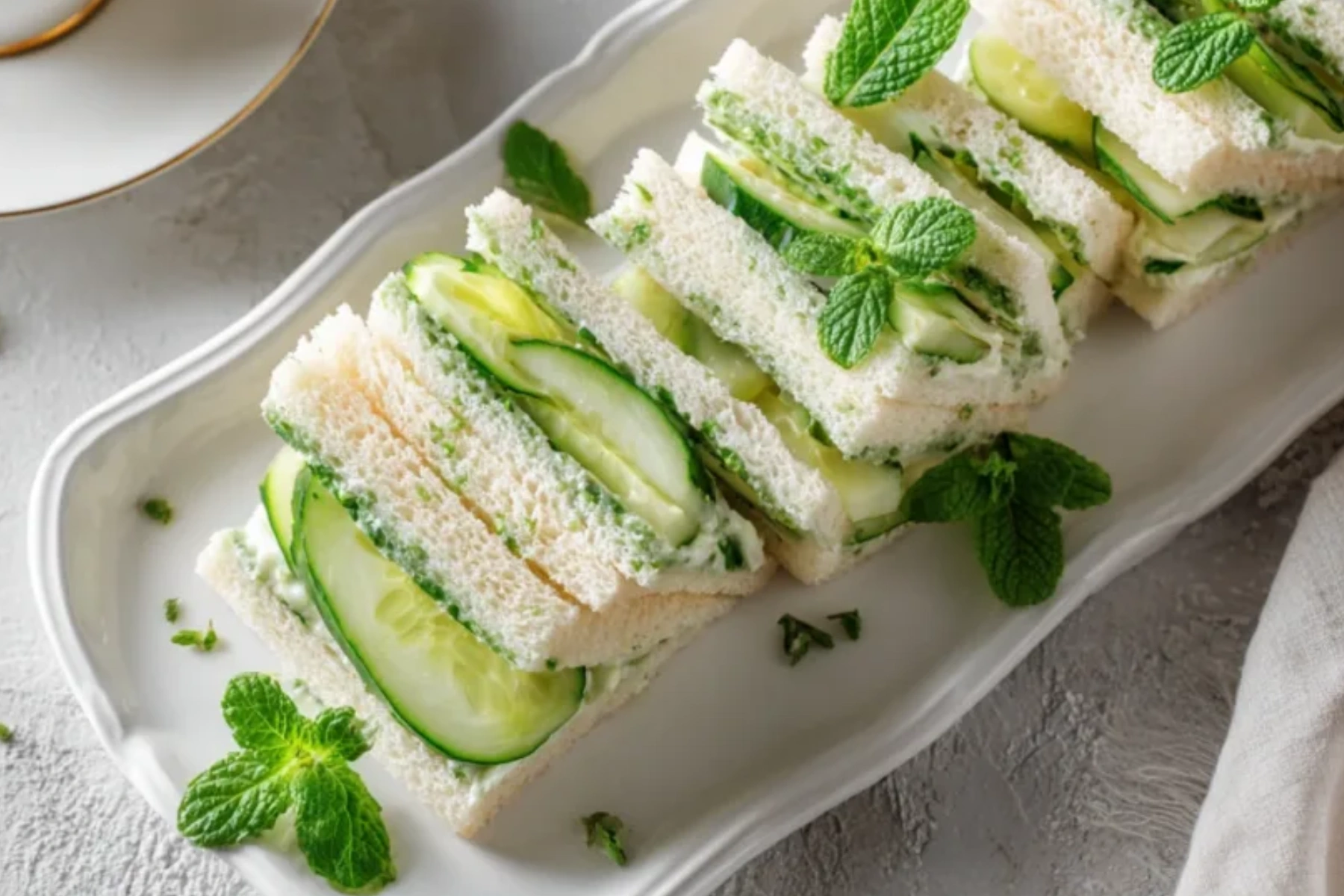 cucumber sandwiches on white platter with mint