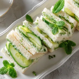 cucumber sandwiches on white platter with mint