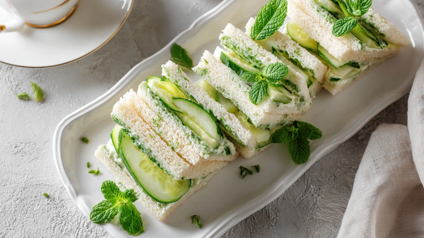 Cucumber Sandwiches: 5 Irresistible Ideas for Creamy Crunch 2 cucumber sandwiches on white platter with mint