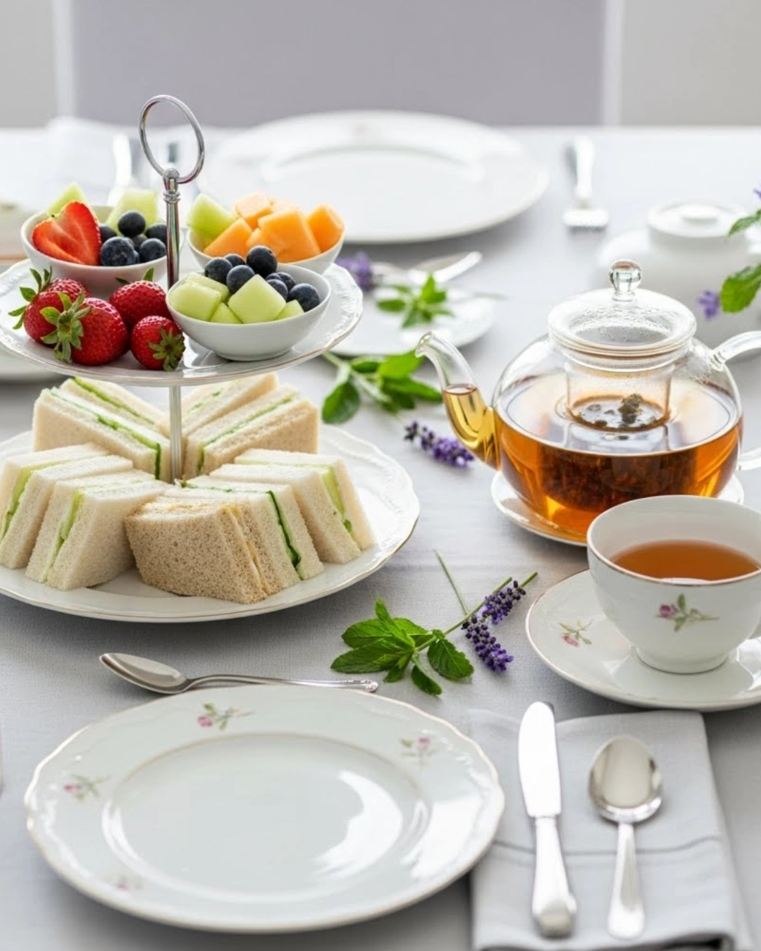 cucumber sandwiches served with tea and fruit