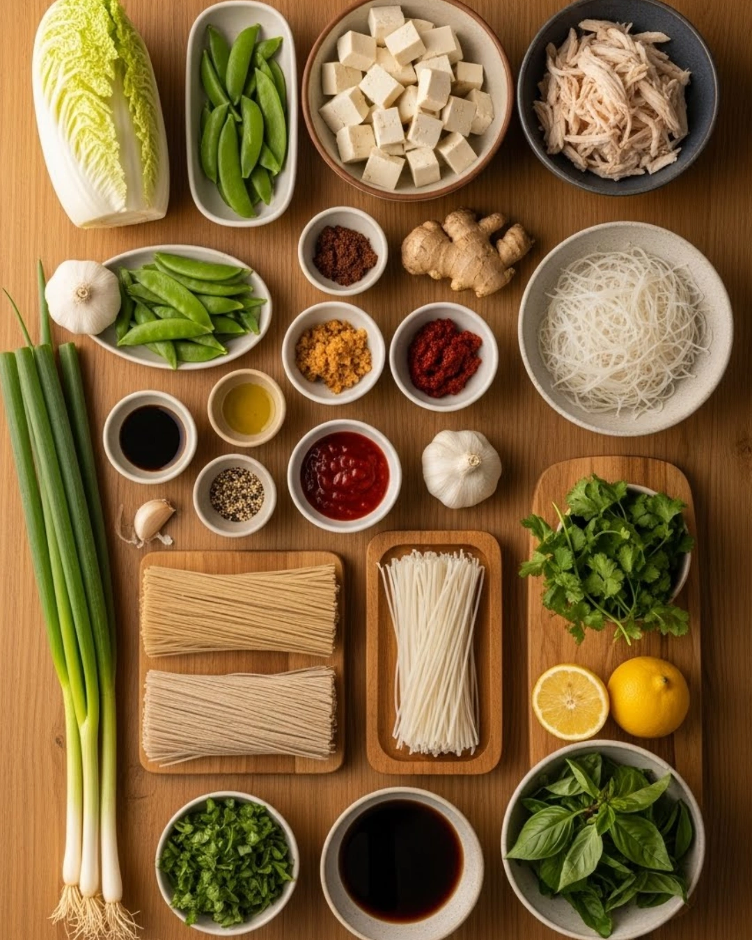 Ingredients for homemade cup noodles with chicken and tofu