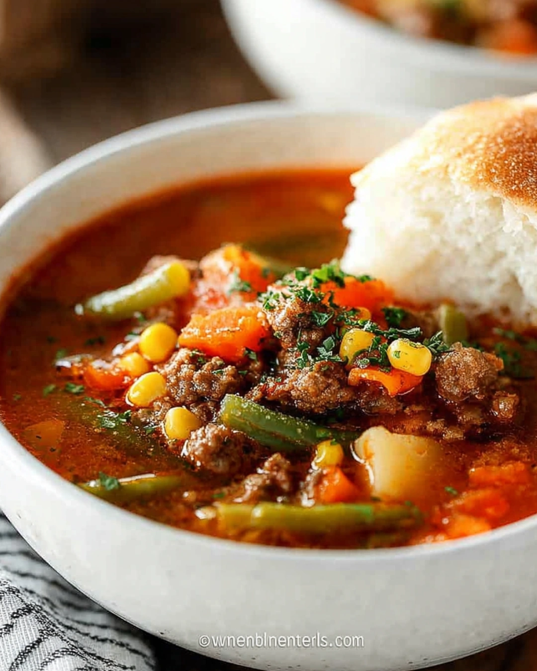 Served bowl of easy hamburger soup