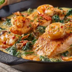 Cajun Salmon and Shrimp in creamy Cajun sauce with spinach and cheese