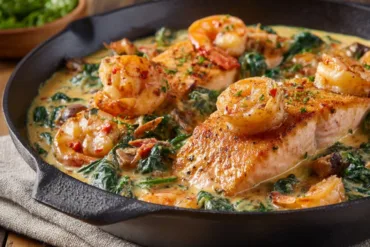 Cajun Salmon and Shrimp in creamy Cajun sauce with spinach and cheese