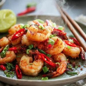 Golden Chinese Salt and Pepper Shrimp on a ceramic plate with red and green chilies and scallions