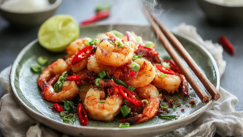 Golden Chinese Salt and Pepper Shrimp on a ceramic plate with red and green chilies and scallions