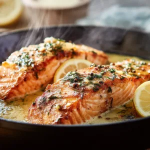Texas Roadhouse grilled salmon in garlic butter on a wooden table