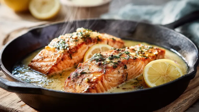 Texas Roadhouse grilled salmon in garlic butter on a wooden table