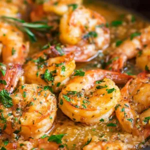 A cozy modern kitchen scene with a cast-iron skillet of Garlic Butter Shrimp — golden shrimp sizzling in melted butter, lemon slices, fresh parsley, soft daylight, rustic wood counter, linen napkin, shallow depth of field.