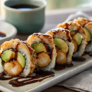 Shrimp Tempura Roll served with soy sauce, wasabi, and pickled ginger