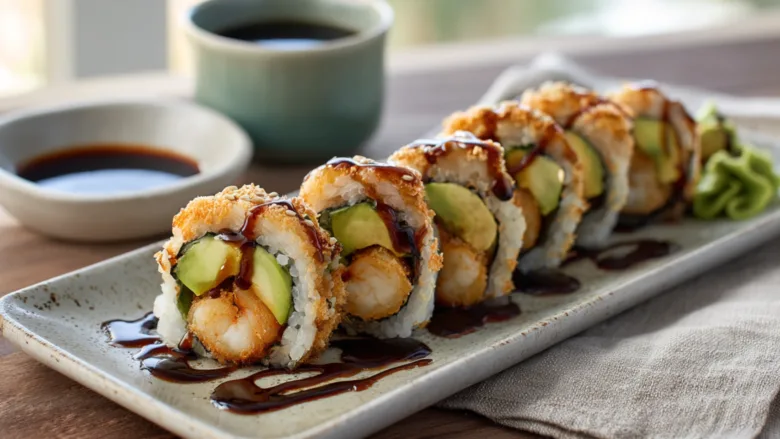 Shrimp Tempura Roll served on a ceramic plate with eel sauce and avocado