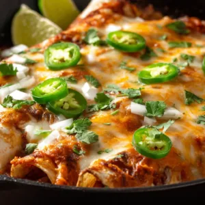 Tex Mex enchiladas with melted cheese and chili gravy in a cast-iron skillet