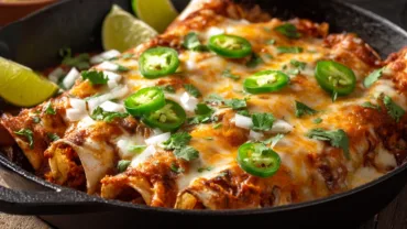 Tex Mex enchiladas with melted cheese and chili gravy in a cast-iron skillet