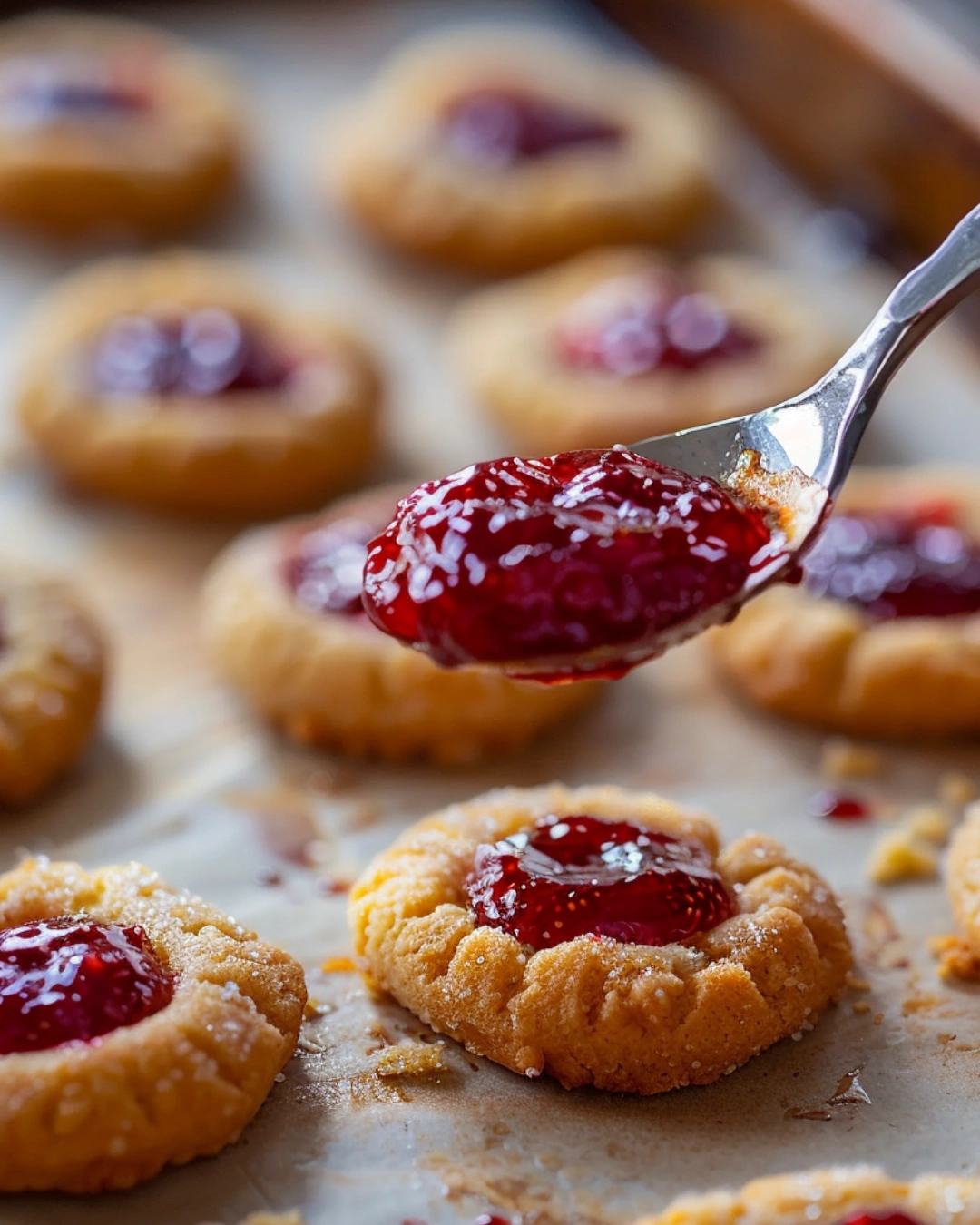 filling thumbprint cookies with jam