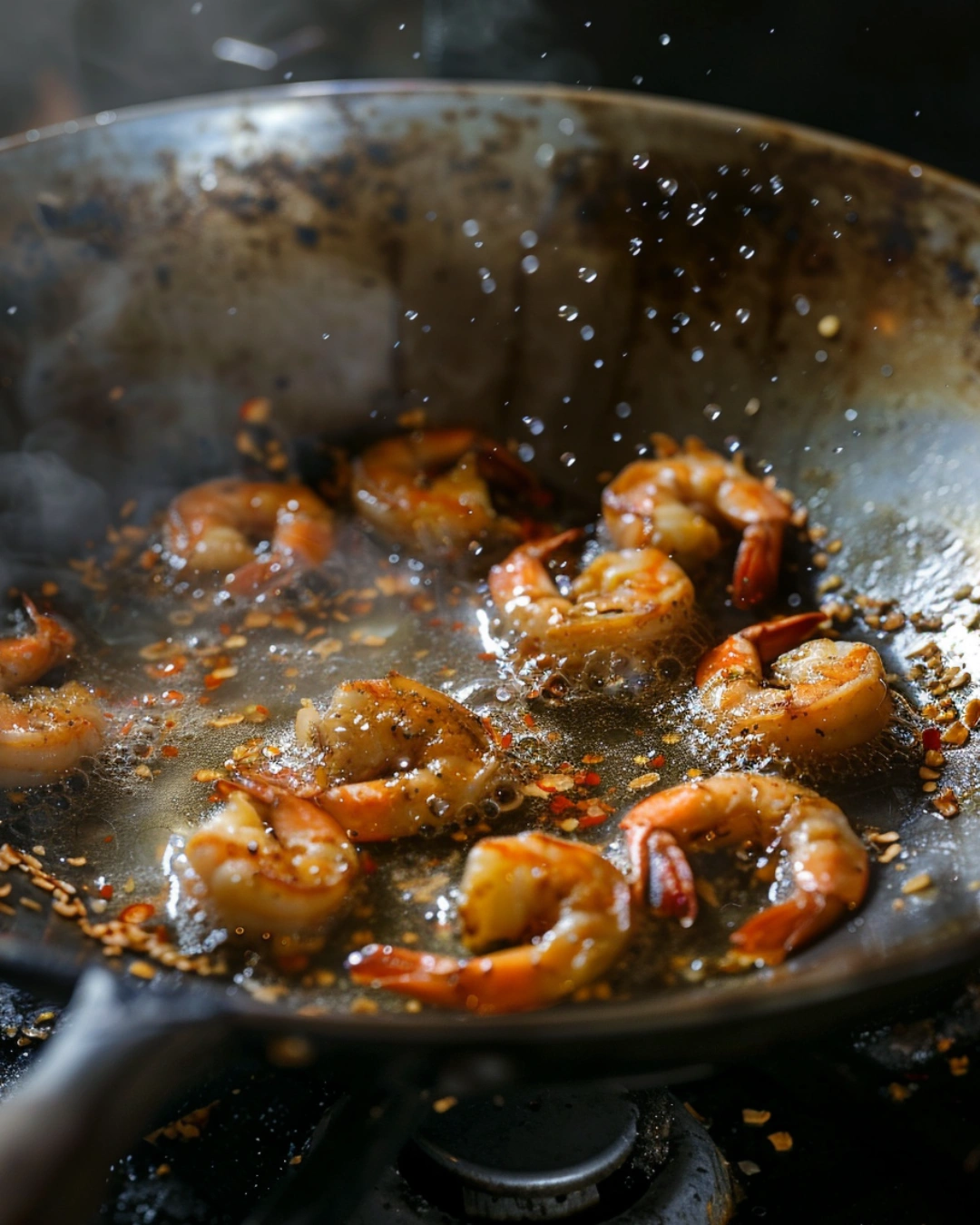 Golden shrimp frying in a wok for Chinese Salt and Pepper Shrimp recipe
