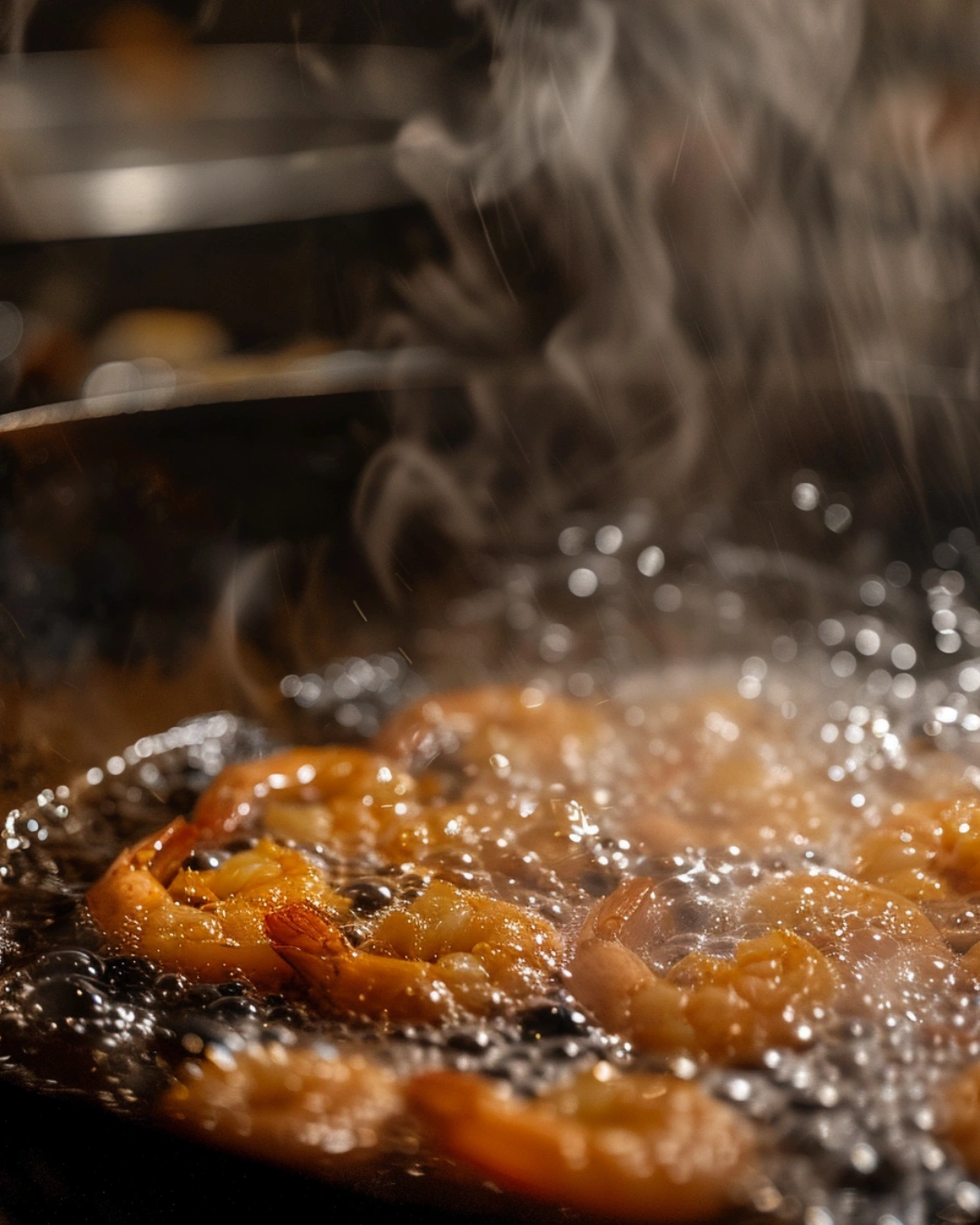 Shrimp frying in tempura batter for Shrimp Tempura Roll
