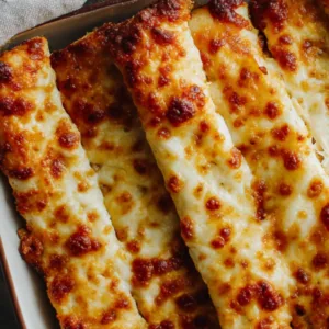 Golden cheesy breadsticks baked in a pan, crisp and bubbly