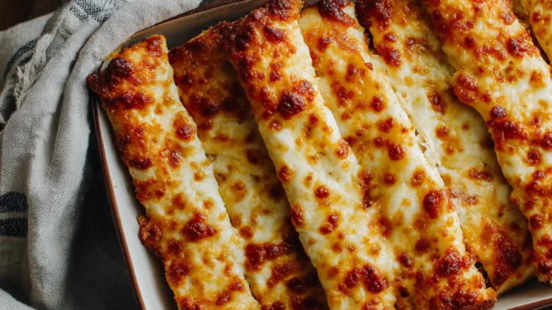 Golden cheesy breadsticks baked in a pan, crisp and bubbly
