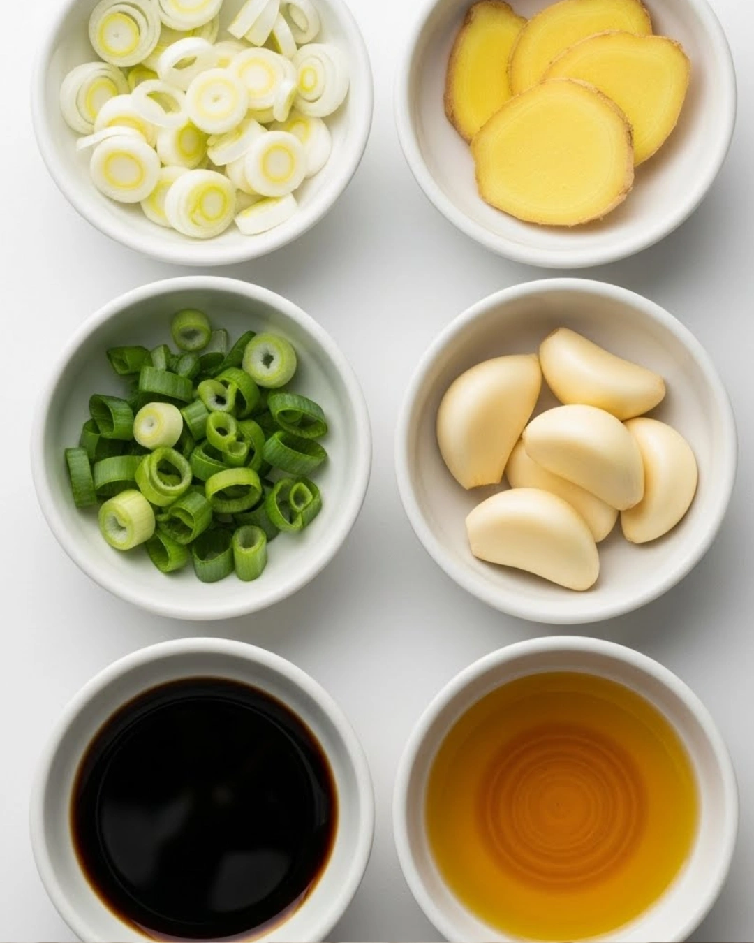 Fresh ginger, scallions, garlic, and chicken ingredients for aromatic soup