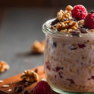 Grandma-style overnight oats in mason jar with berries