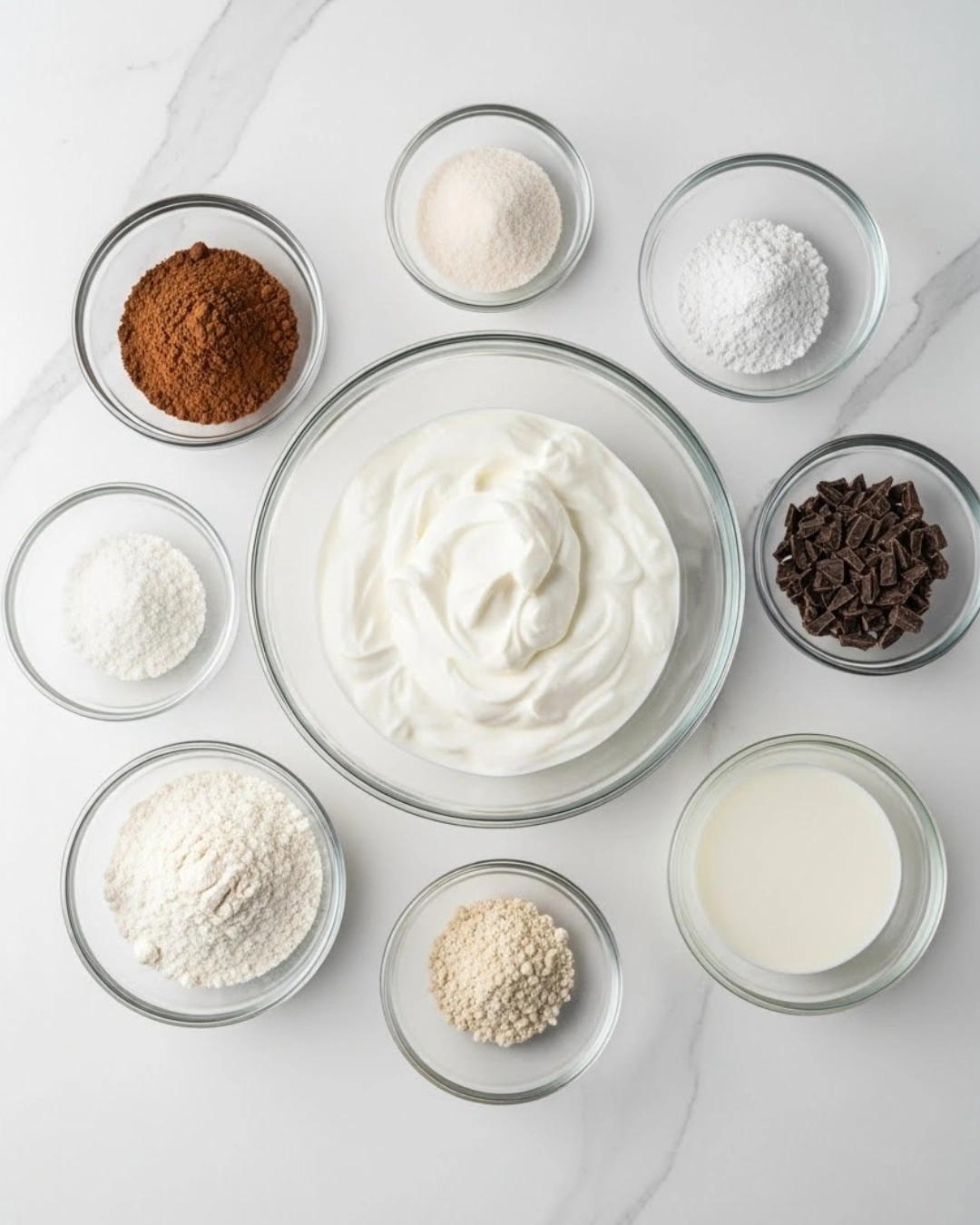 ingredients for sugar-free Greek yogurt brownies in a modern flat lay