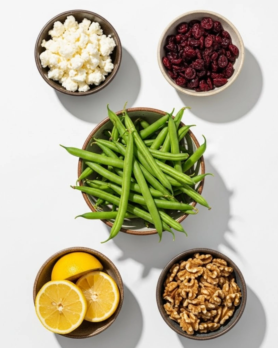 Ingredients for green bean salad with feta and cranberries
