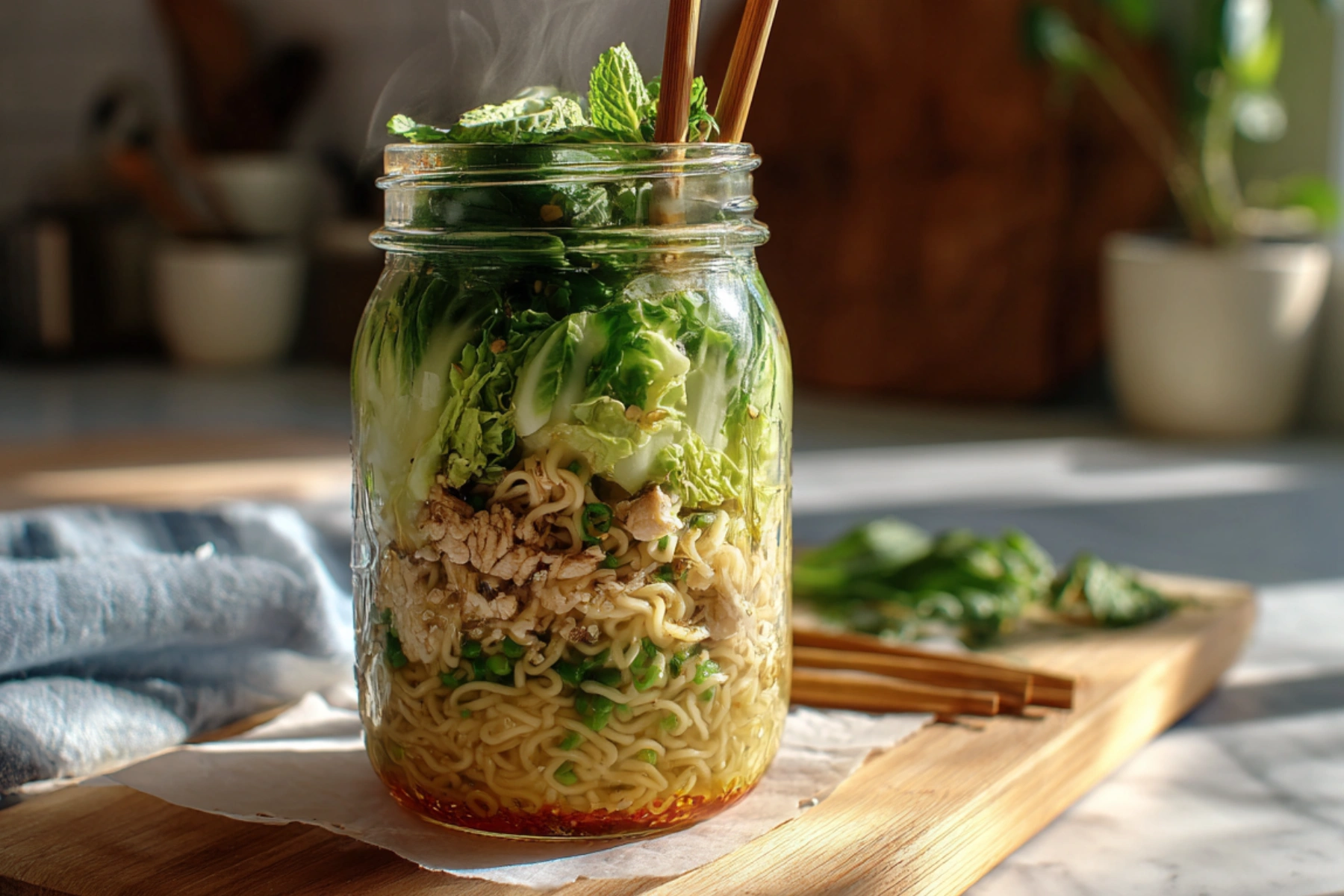 Homemade cup noodles in a glass jar with herbs and steam