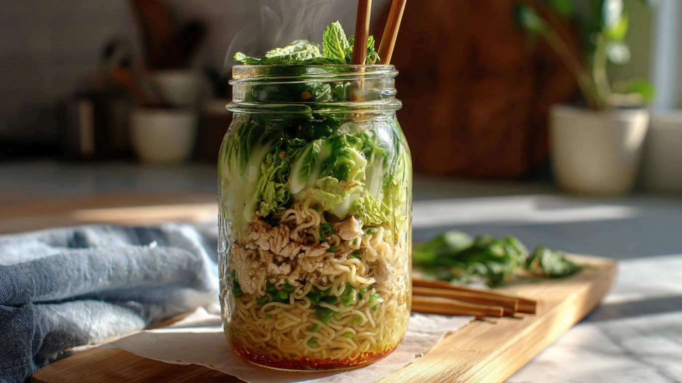 Best Cup Noodles with Chicken: Warm, Flavorful, and Ready in 10 Minutes 2 Homemade cup noodles in a glass jar with herbs and steam