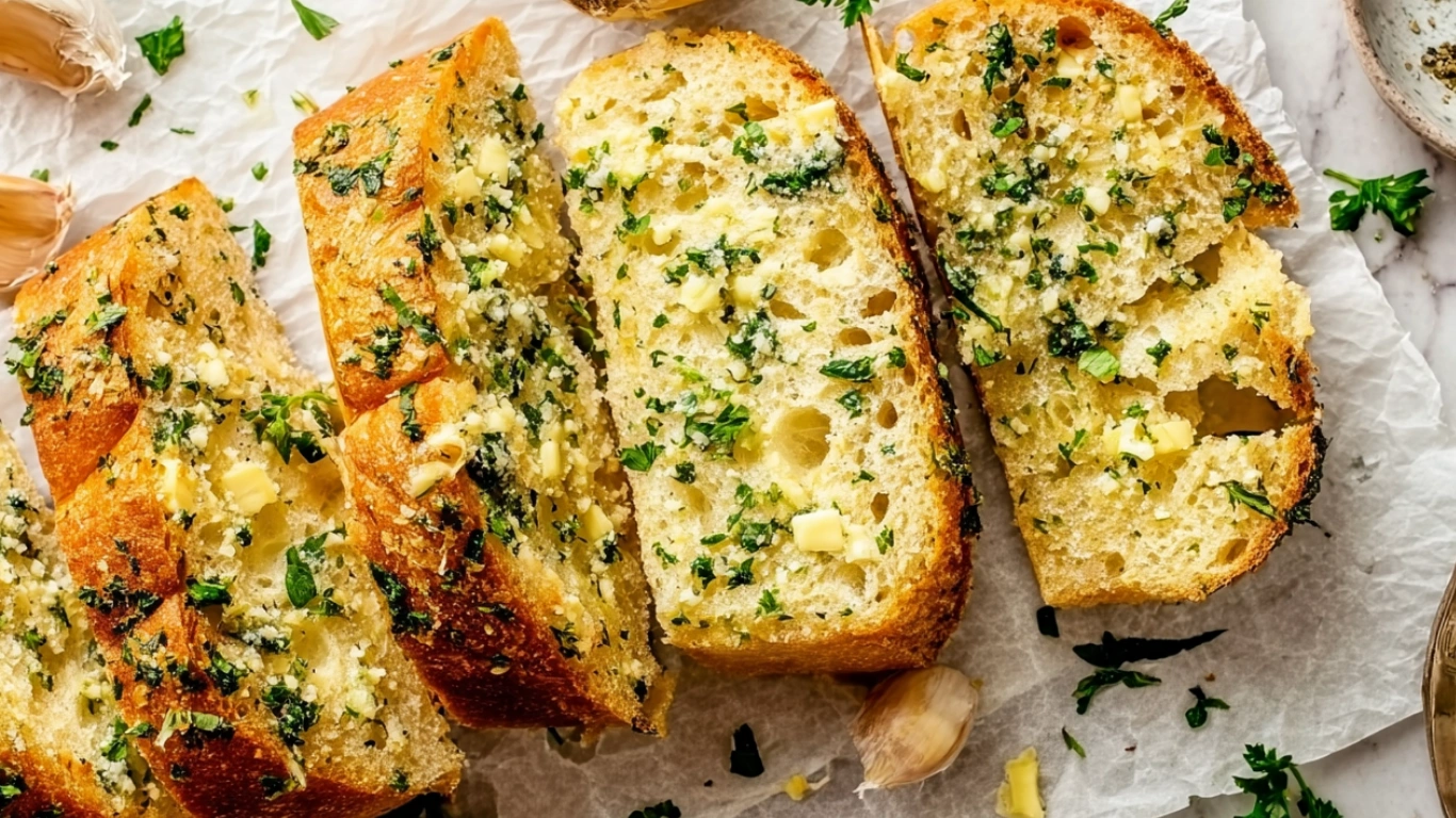 Homemade Garlic Bread: 5-Minute Recipe for Buttery Perfection 2 Homemade garlic bread with golden crust and melted butter