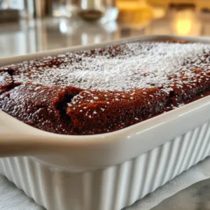 Ina Garten brownie pudding in a ceramic baking dish with a crackly glossy top and a light dusting of powdered sugar.