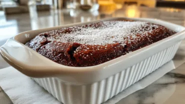 Ina Garten brownie pudding in a ceramic baking dish with a crackly glossy top and a light dusting of powdered sugar.