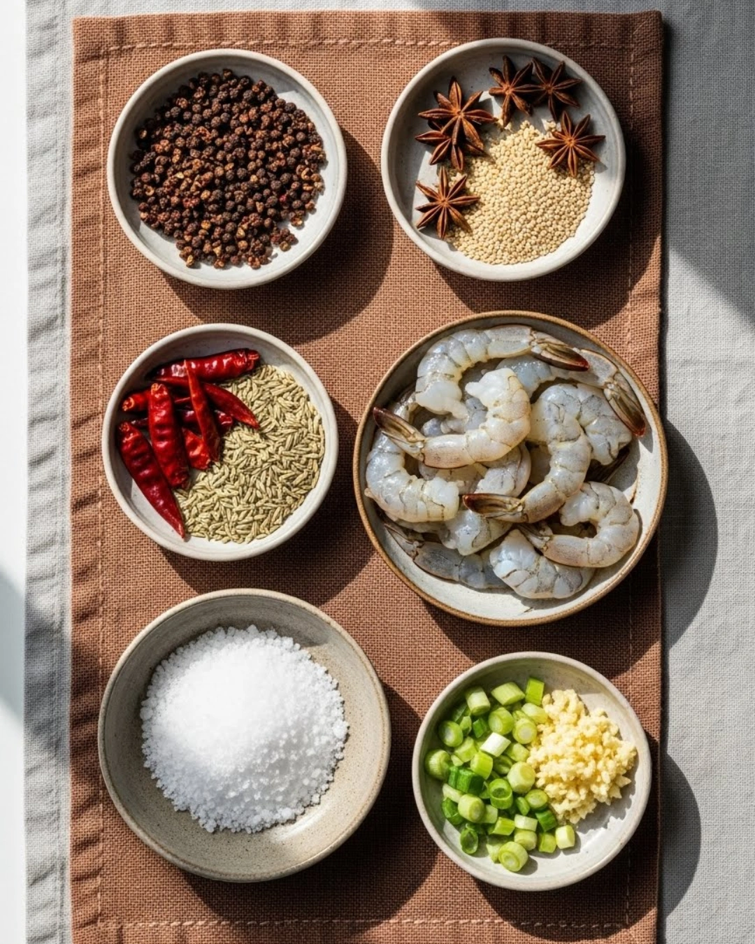 Fresh ingredients for Chinese Salt and Pepper Shrimp including spices, shrimp, and chilies