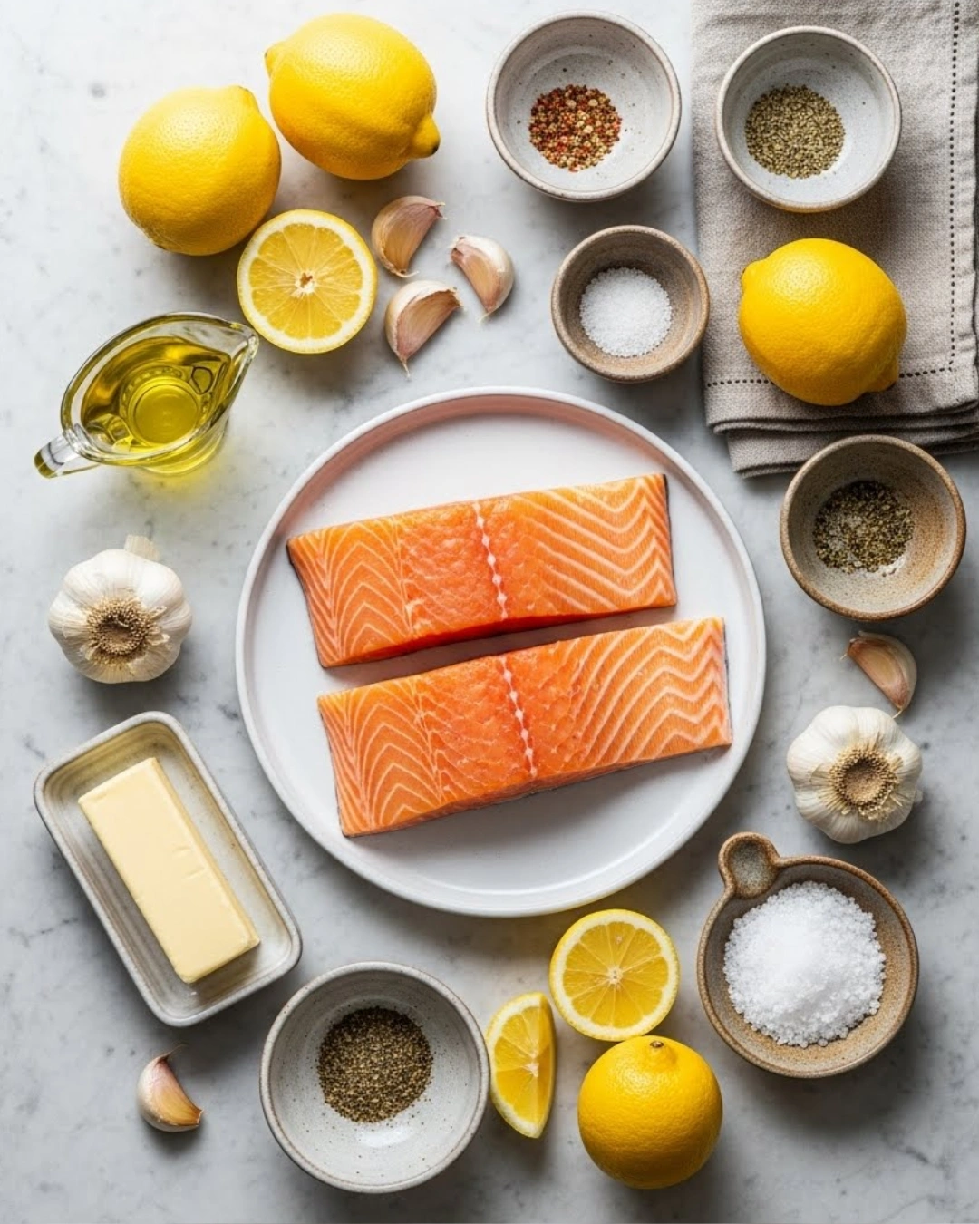 Ingredients for Texas Roadhouse grilled salmon on stone countertop