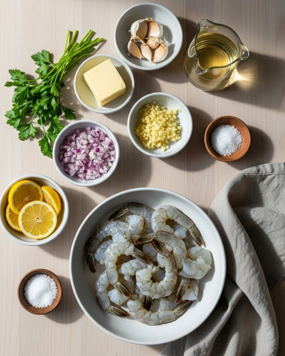 Garlic Butter Shrimp ingredients flat lay — shrimp, butter, garlic, lemon