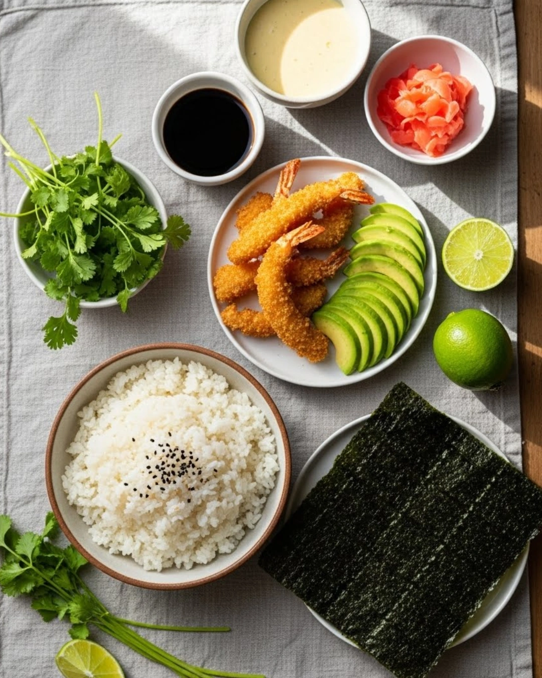 Ingredients for Shrimp Tempura Roll including shrimp, rice, avocado, and nori