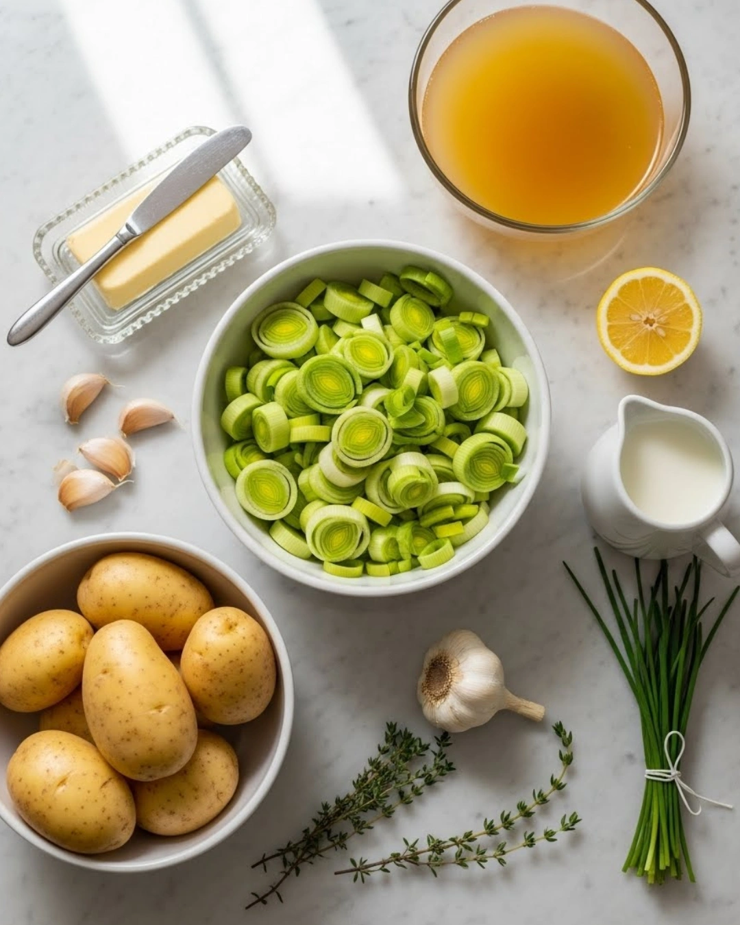 Leek Soup Ingredients on Modern Kitchen Counter