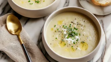 Leek Soup in Modern Kitchen with Chives Garnish