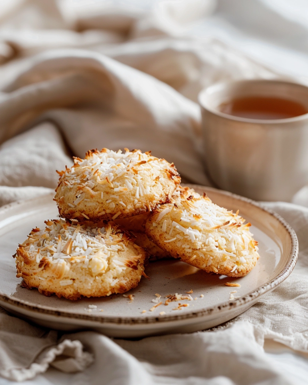 Lemon Coconut Cheesecake Cookies served on a white plate beside a cup of tea in a modern cozy kitchen.