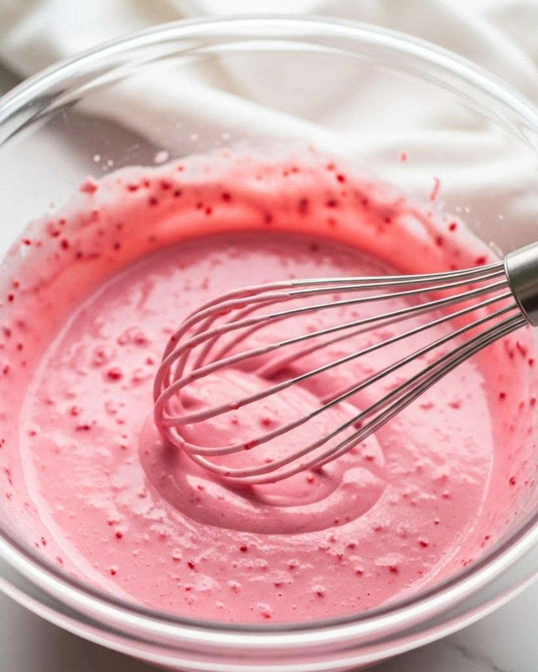 Whisking lemon raspberry glaze for raspberry angel food cake