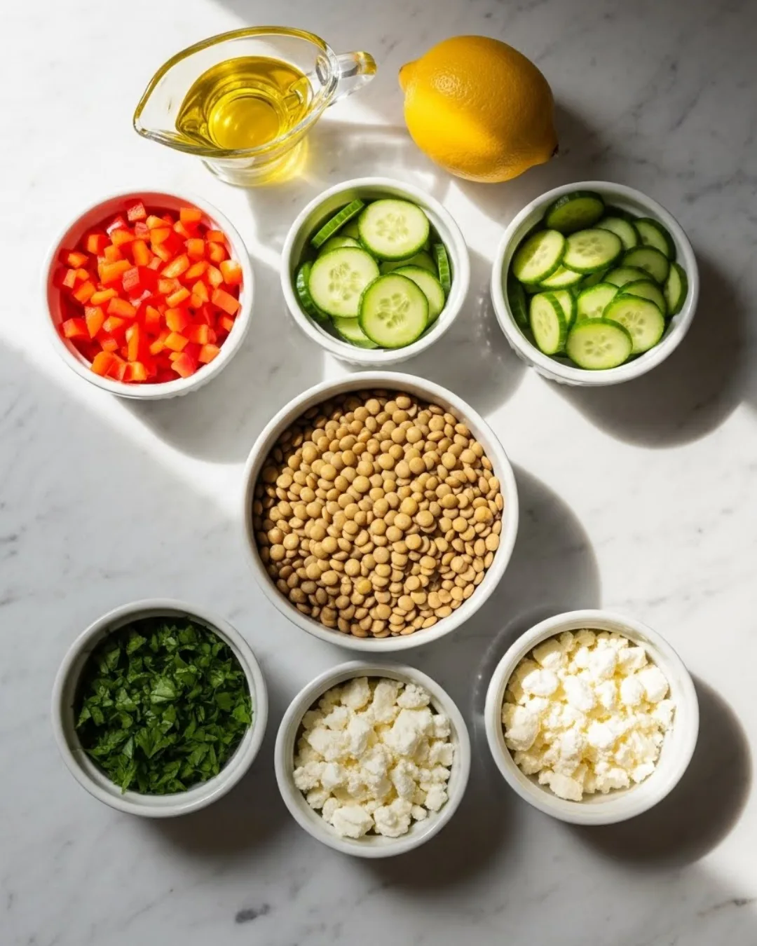 ingredients for lentil salad arranged on a marble counter